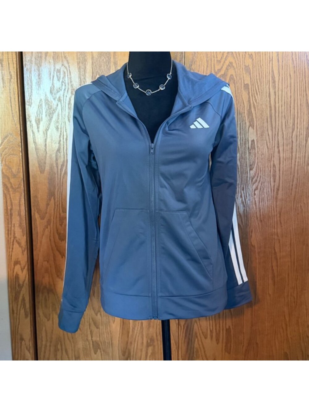 Adidas Womens Full-Zip Hoodie Sz Large Blue White Stripes Lightweight Activewear